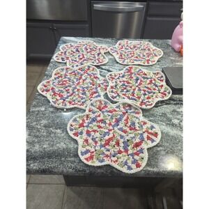 5 Hand Knitted Crochet Red Green Cream BluePlacemats  Granny Core Cottage Core